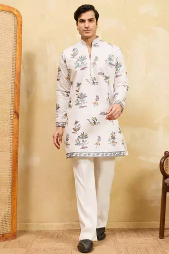White viscose silk multi thread & sequence embroidered work kurta
