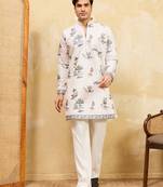 White viscose silk multi thread & sequence embroidered work kurta