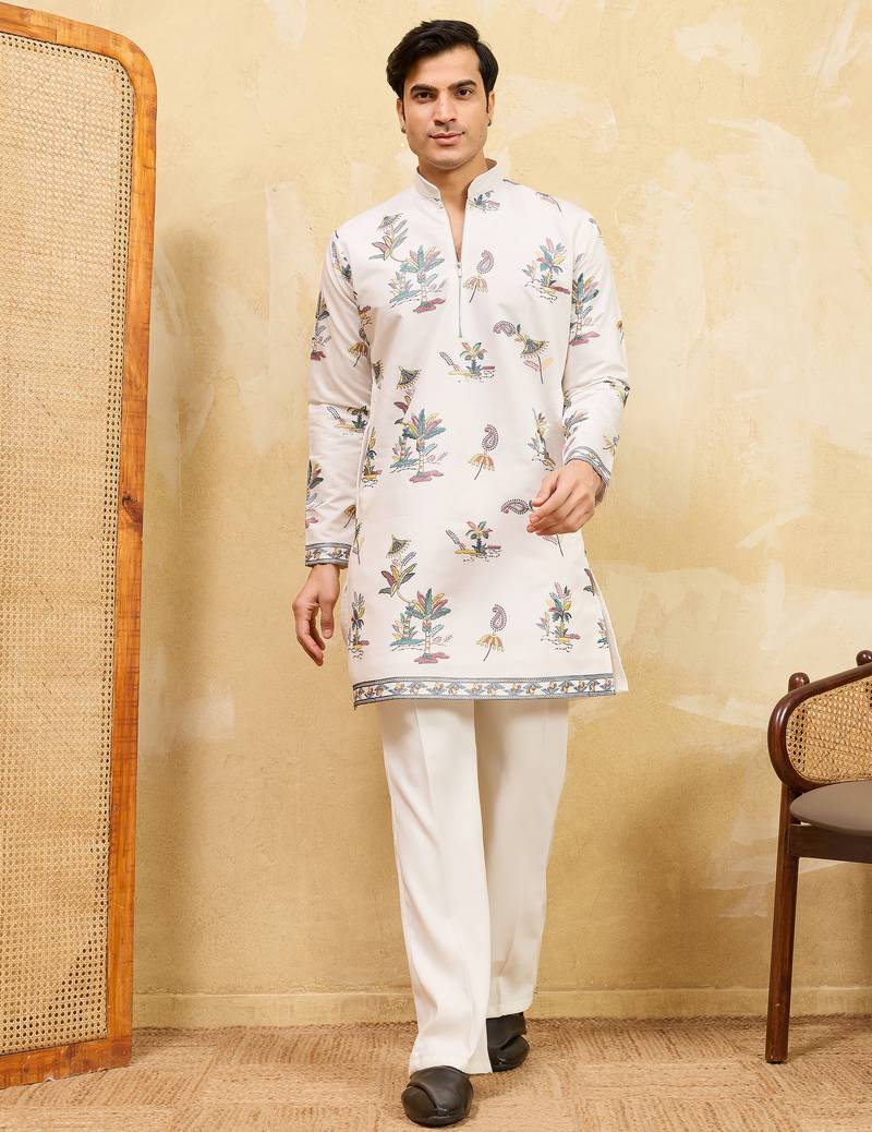 White viscose silk multi thread & sequence embroidered work kurta