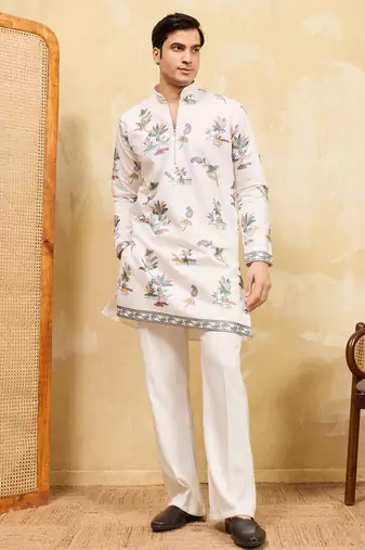 White viscose silk multi thread & sequence embroidered work kurta