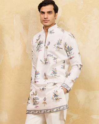 White viscose silk multi thread & sequence embroidered work kurta 3
