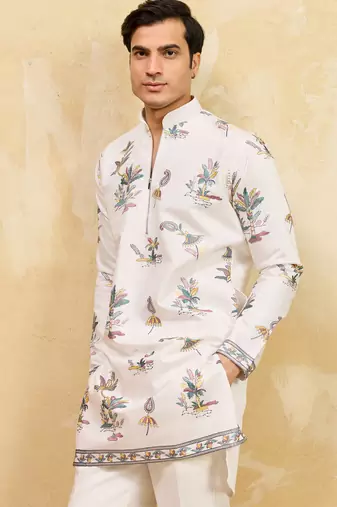 White viscose silk multi thread & sequence embroidered work kurta