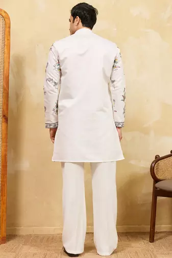 White viscose silk multi thread & sequence embroidered work kurta