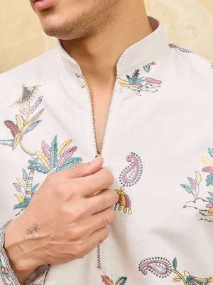 White viscose silk multi thread & sequence embroidered work kurta 5