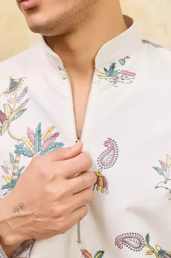 White viscose silk multi thread & sequence embroidered work kurta