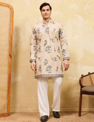 Beige viscose silk multi thread & sequence embroidered work kurta 1
