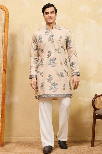Beige viscose silk multi thread & sequence embroidered work kurta