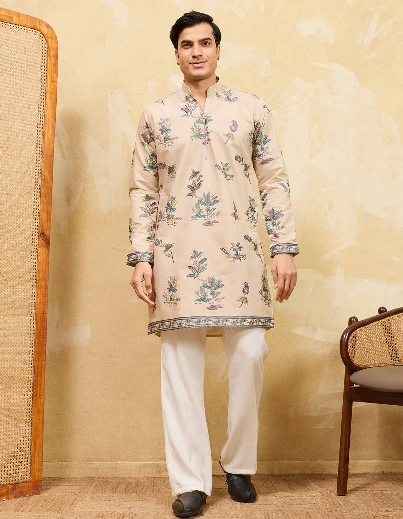 Beige viscose silk multi thread & sequence embroidered work kurta