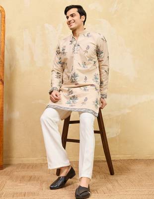 Beige viscose silk multi thread & sequence embroidered work kurta 2