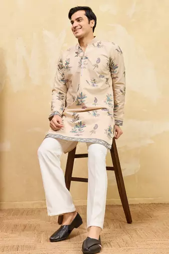 Beige viscose silk multi thread & sequence embroidered work kurta