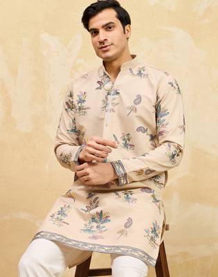 Beige viscose silk multi thread & sequence embroidered work kurta 3