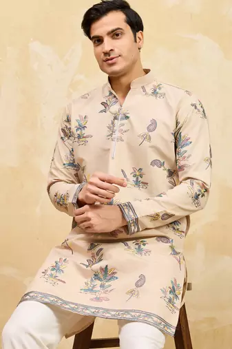 Beige viscose silk multi thread & sequence embroidered work kurta