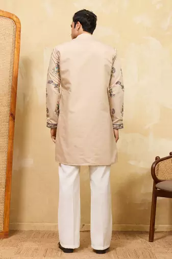 Beige viscose silk multi thread & sequence embroidered work kurta