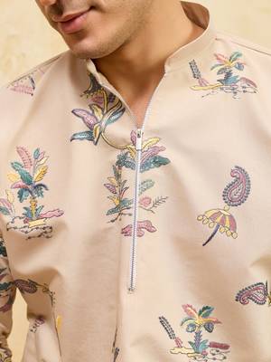 Beige viscose silk multi thread & sequence embroidered work kurta 5