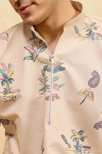Beige viscose silk multi thread & sequence embroidered work kurta