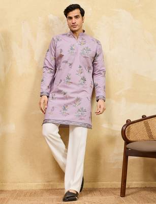 Dusty purple viscose silk multi thread & sequence embroidered work kurta 1