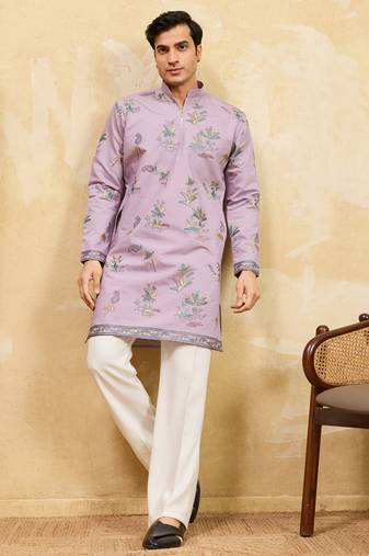 Dusty purple viscose silk multi thread & sequence embroidered work kurta