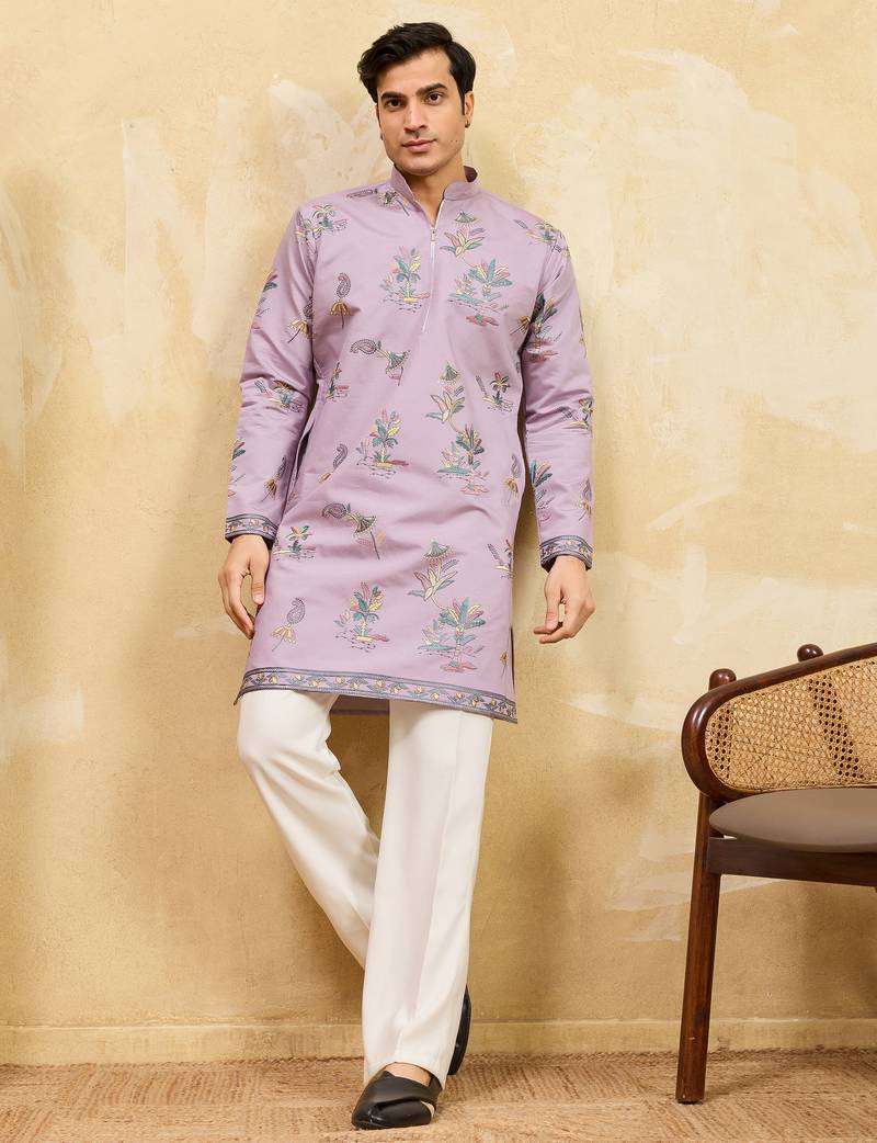 Dusty purple viscose silk multi thread & sequence embroidered work kurta