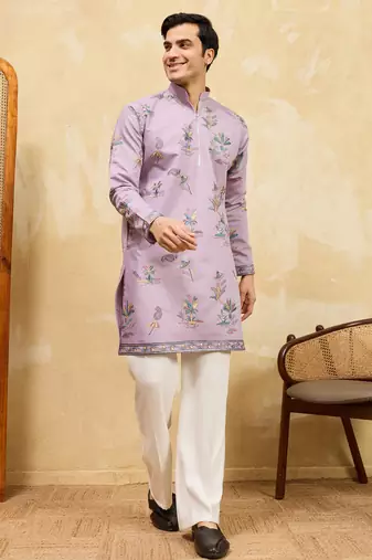 Dusty purple viscose silk multi thread & sequence embroidered work kurta