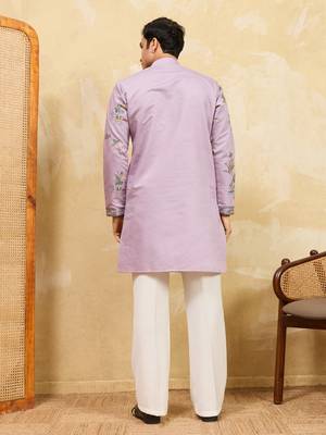 Dusty purple viscose silk multi thread & sequence embroidered work kurta 4