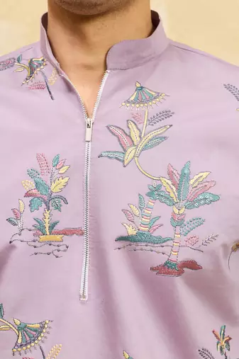 Dusty purple viscose silk multi thread & sequence embroidered work kurta