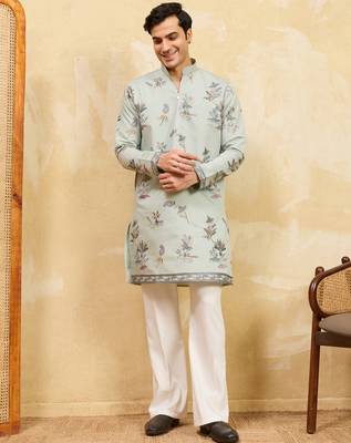 Pistachio viscose silk multi thread & sequence embroidered work kurta 1