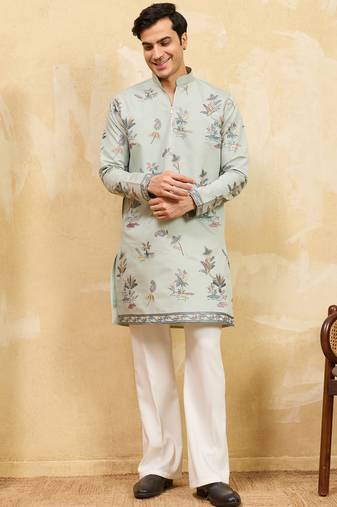 Pistachio viscose silk multi thread & sequence embroidered work kurta