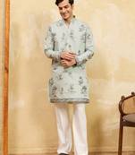 Pistachio viscose silk multi thread & sequence embroidered work kurta