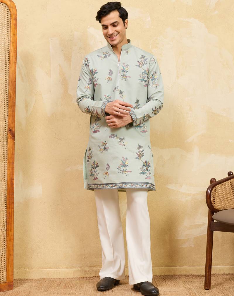 Pistachio viscose silk multi thread & sequence embroidered work kurta