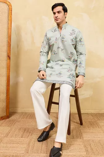 Pistachio viscose silk multi thread & sequence embroidered work kurta