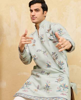 Pistachio viscose silk multi thread & sequence embroidered work kurta 3