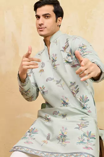 Pistachio viscose silk multi thread & sequence embroidered work kurta