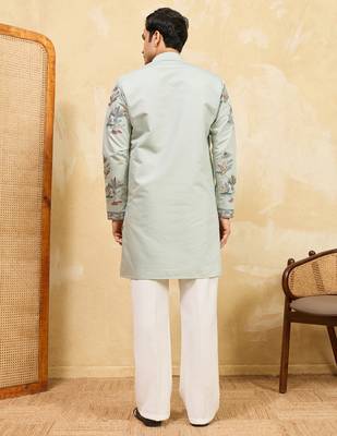 Pistachio viscose silk multi thread & sequence embroidered work kurta 4