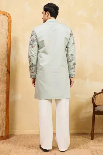 Pistachio viscose silk multi thread & sequence embroidered work kurta