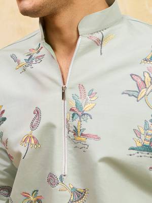 Pistachio viscose silk multi thread & sequence embroidered work kurta 5