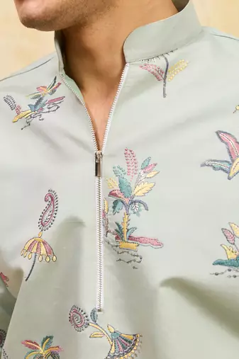 Pistachio viscose silk multi thread & sequence embroidered work kurta