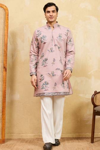 Pink viscose silk multi thread & sequence embroidered work kurta
