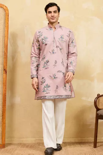 Pink viscose silk multi thread & sequence embroidered work kurta