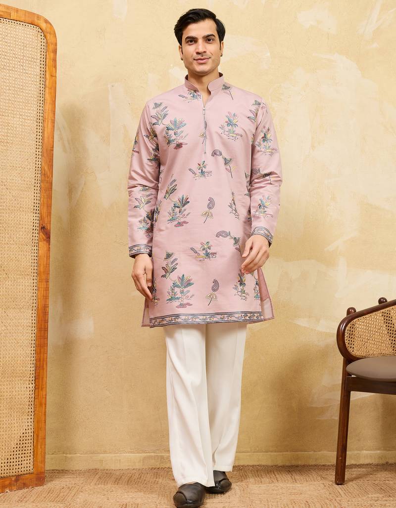 Pink viscose silk multi thread & sequence embroidered work kurta
