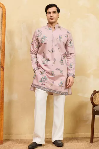 Pink viscose silk multi thread & sequence embroidered work kurta