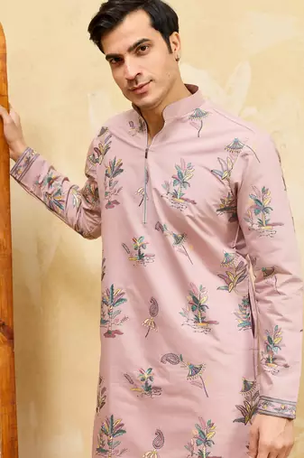 Pink viscose silk multi thread & sequence embroidered work kurta