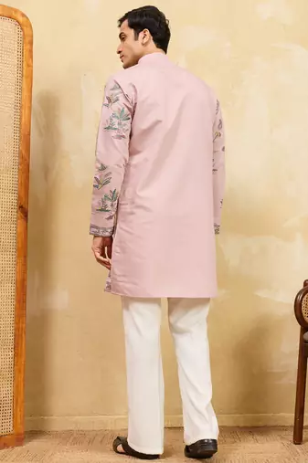 Pink viscose silk multi thread & sequence embroidered work kurta