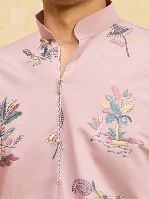 Pink viscose silk multi thread & sequence embroidered work kurta 5