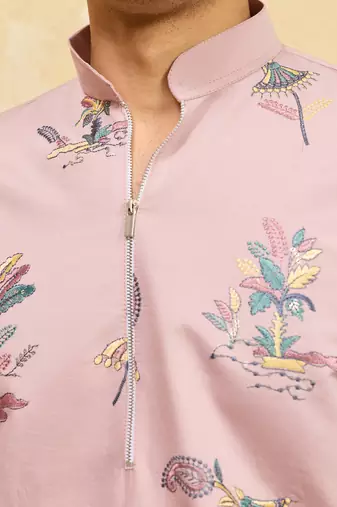 Pink viscose silk multi thread & sequence embroidered work kurta