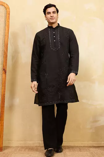 Black viscose silk multi thread & sequence embroidered work kurta