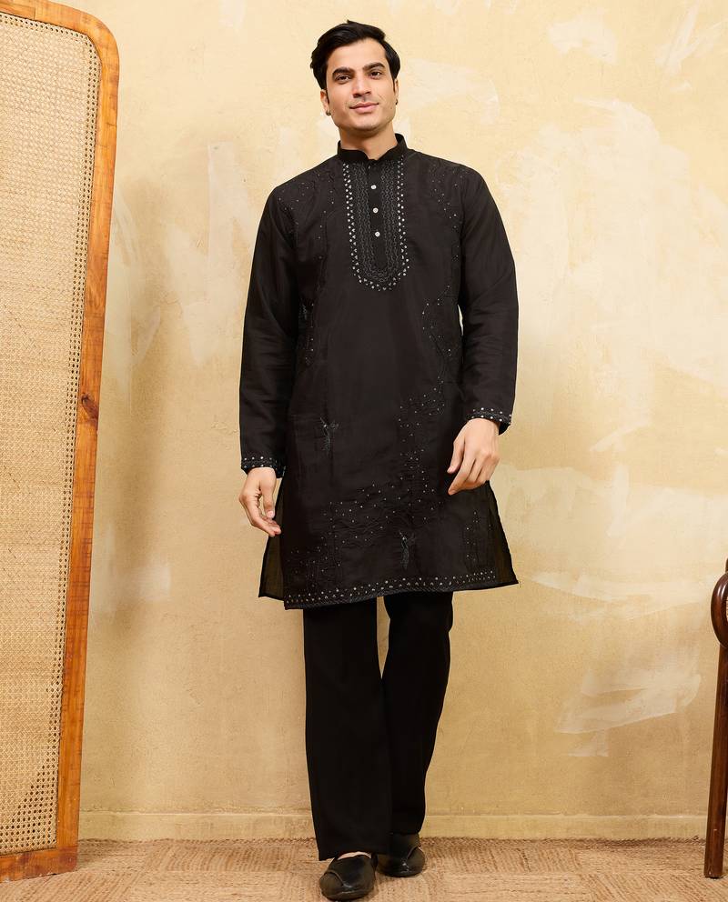 Black viscose silk multi thread & sequence embroidered work kurta