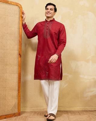 Red viscose silk multi thread & sequence embroidered work kurta 1