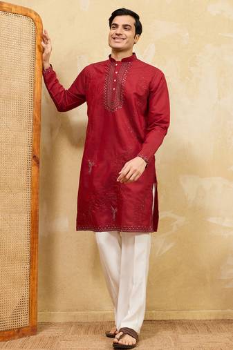 Red viscose silk multi thread & sequence embroidered work kurta