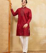 Red viscose silk multi thread & sequence embroidered work kurta