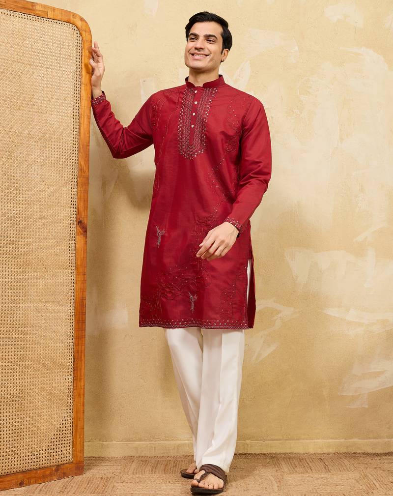 Red viscose silk multi thread & sequence embroidered work kurta